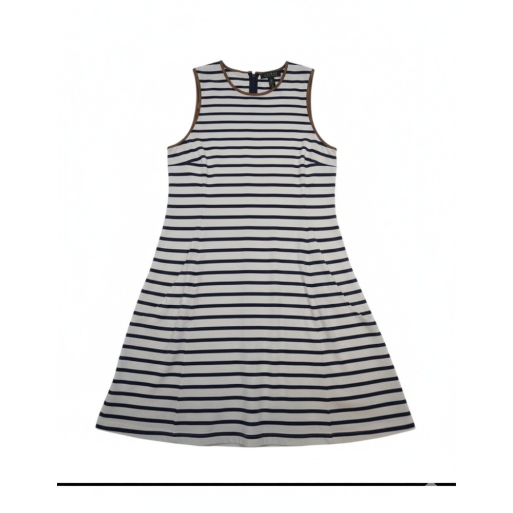 Lauren Ralph Lauren Striped Sleeveless Dress‎ Faux Leather Trim XL Nautical